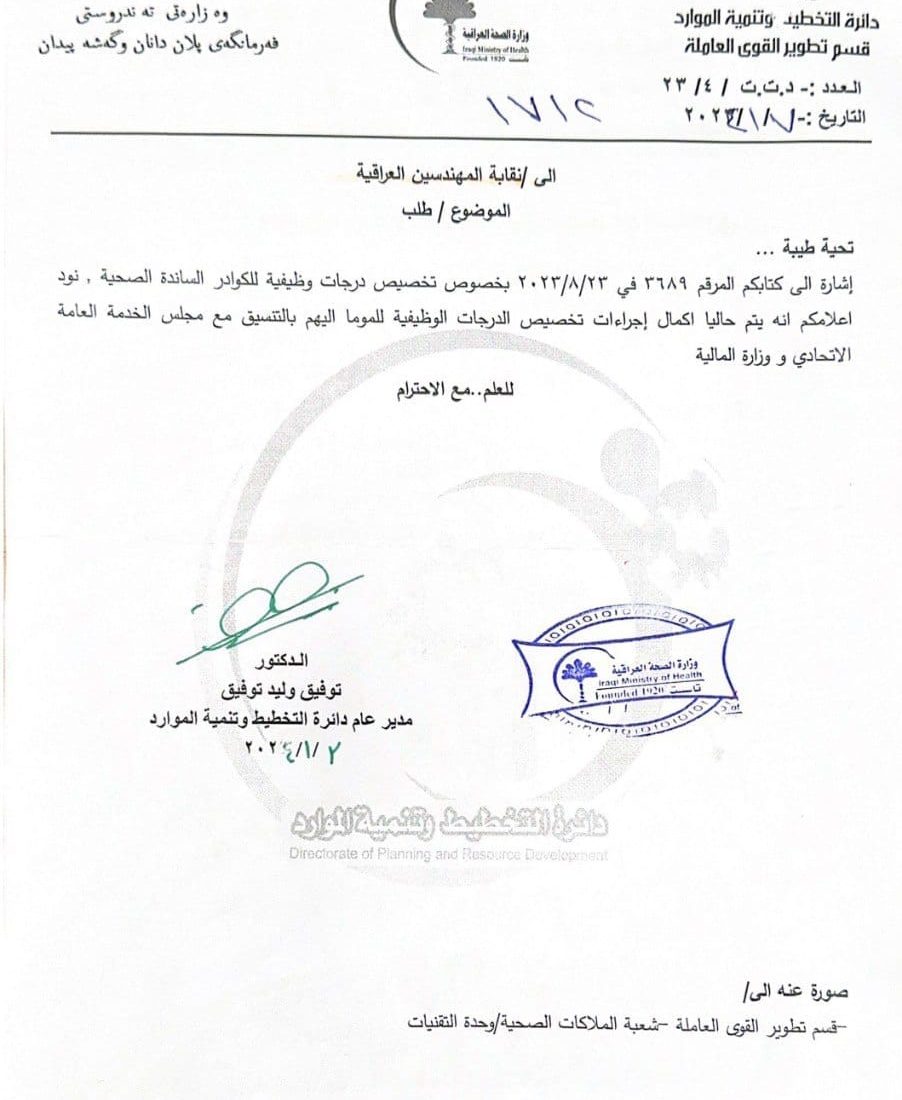 نقابة المهندسين العراقية تستحصل موافقة وزارة الصحة لتخصيص درجات وظيفية لخريجي اقسام الهندسة الطبية